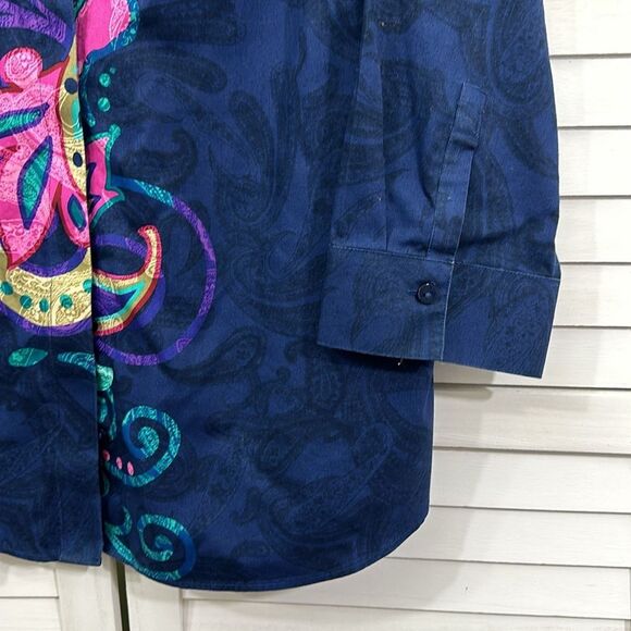 Chico's No Iron Shirt Size 1 Size 8 Blue With Vibrant Paisley Print - Picture 8 of 16